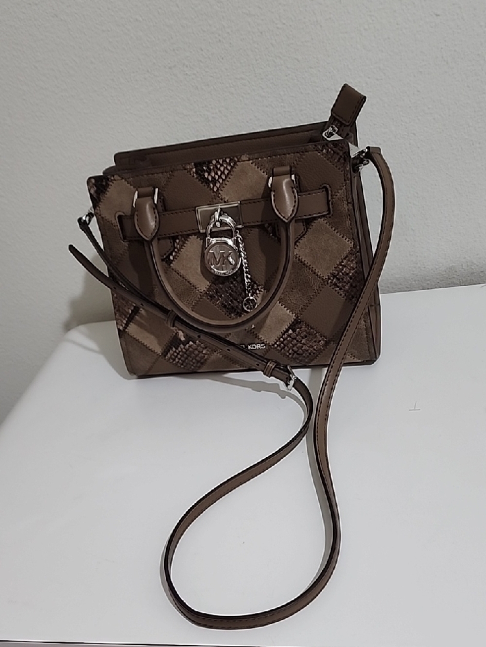Michael Kors Taupe Patchwork Leather Satchel with Signature Charm - Picture 9 of 13